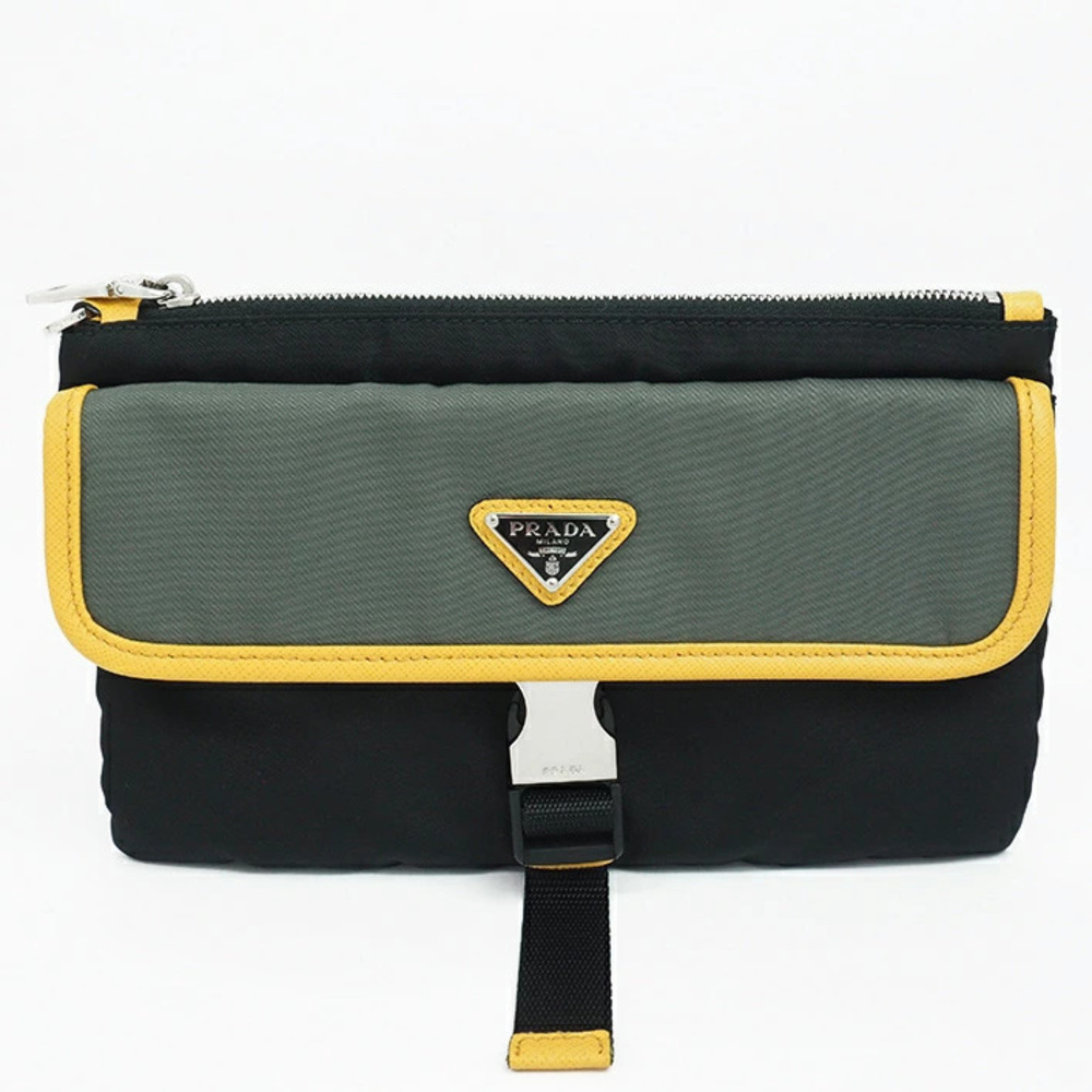 Prada Clutch Bag Triangle Logo Tessuto Saffiano Leather Yellow Gray Black